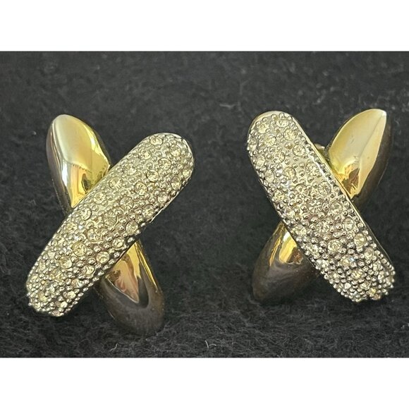 Vtg 90s Mogul gold tone & silver pave crystal designer inspired clip earrings - Picture 5 of 7